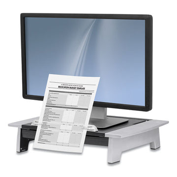 Fellowes® Office Suites Monitor Riser Plus, 19.88" X 14.06" X 4" To 6.5", Black-silver, Supports 80 Lbs freeshipping - TVN Wholesale